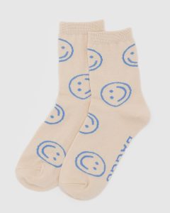 Crew Sock Ecru Periwinkle Happy