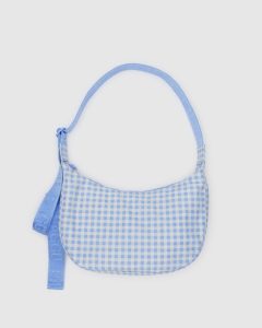 Medium Nylon Crescent Bag Light Blue Gingham